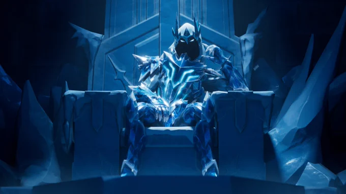 Exalted Frost Ice King from Fortnite sitting on his throne with cold moody lighting.
