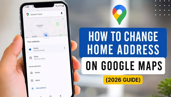 Hand holding a smartphone displaying Google Maps saved addresses screen with Home and Work options, illustrating how to change home address on Google Maps in the 2026 guide.