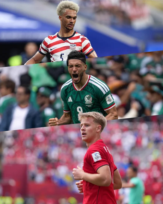 Top: Antonee Robinson in action for the United States. Middle: Raúl Jiménez in action for Mexico. Bottom: Luc De Fougerolles in action for Canada.