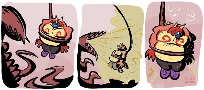 Tir the big muscular chubby triceratops dinosaur with a round gut is in trouble! He's being held suspended by an alien red venus-flytrap type of plant! The plant exhales a huge cloud of pollen at him, and he loses consciousness, still dangling there covered in pollen dust.