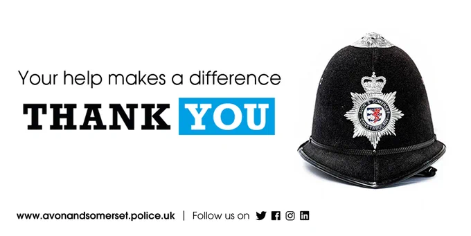 Avon & Somerset Police helmet with text 'Thank You' and website address.