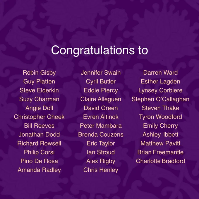 Congratulations to

Robin Gisby
Guy Platten
Steve Elderkin
Suzy Charman
Angie Doll
Christopher Cheek
Bill Reeves
Jonathan Dodd
Richard Rowsell
Philip Corsi
Pino De Rosa
Amanda Radley
Jennifer Swain
Cyril Butler
Eddie Piercy
Claire Alleguen
David Green
Evren Altinok
Peter Mambara
Brenda Couzens
Eric Taylor
Ian Stroud
Alex Rigby
Chris Henley
Darren Ward
Esther Lagden
Lynsey Corbiere
Stephen O’Callaghan
Steven Thake
Tyron Woodford
Emily Cherry
Ashley	Ibbett
Matthew Pavitt
Brian Freemantle
Charlotte Bradford
