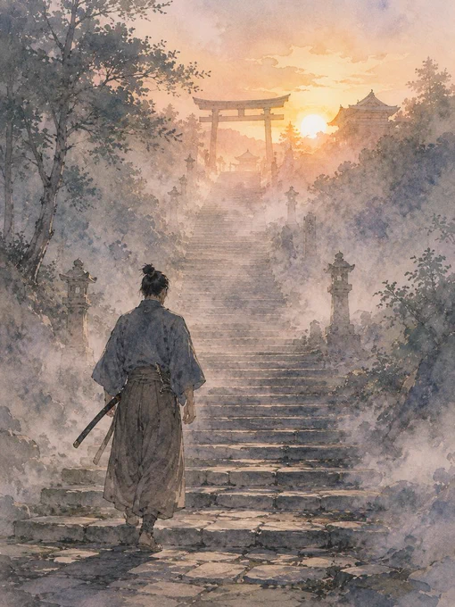 朝霧の残る参道を、一人の侍が歩いていた。
石段はどこまでも続き、その先には鳥居と社の影が霞んで見える。
足を止める理由はいくつもあった。振り返れば過ぎた日々があり、胸には拭いきれぬ迷いもある。
それでも歩みは止まらない。
一段、また一段。
静かな足音だけが石段に響く。
やがて朝日が昇り、柔らかな光が参道を照らし始めた。
その光は未来を約束するものではない。ただ、進むべき道がここにあることを静かに示していた。
侍は顔を上げる。
長い階段の先へ。
新しい一日へ。
そして、自らが選ぶその先へ。