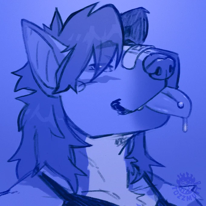 Sketchy icon of a furry bull terrier character. They are sticking their tongue out with a cheeky smile