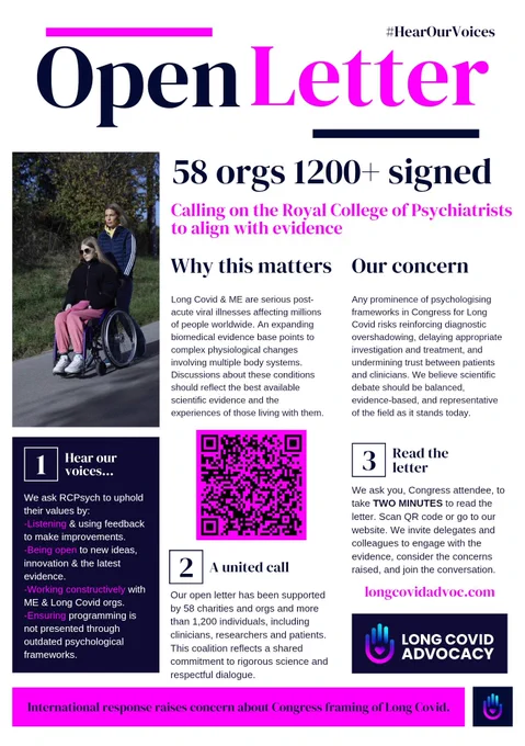 An advocacy campaign graphic from 18094.png titled "#HearOurVoices Social Media Campaign," which outlines a call to action regarding the Royal College of Psychiatrists. The top left features a photo of a person pushing a young individual in a wheelchair down a paved path. A numbered "How" section directs supporters to join community outreach on June 15th (the opening day of the congress), post their personal stories, and amplify their message using the hashtags #RCPsychIC and #HearOurVoices. A "Why?" sidebar notes that 58 organizations and 1,200 people signed an open letter expressing concern over the framing of Long Covid at the 2026 International Congress, adding that while they welcome the RCPsych response, concerns remain. The graphic includes a text template for sharing, a bright pink QR code linking to the open letter at longcovidadvoc.com, and the logo for Long Covid Advocacy.
