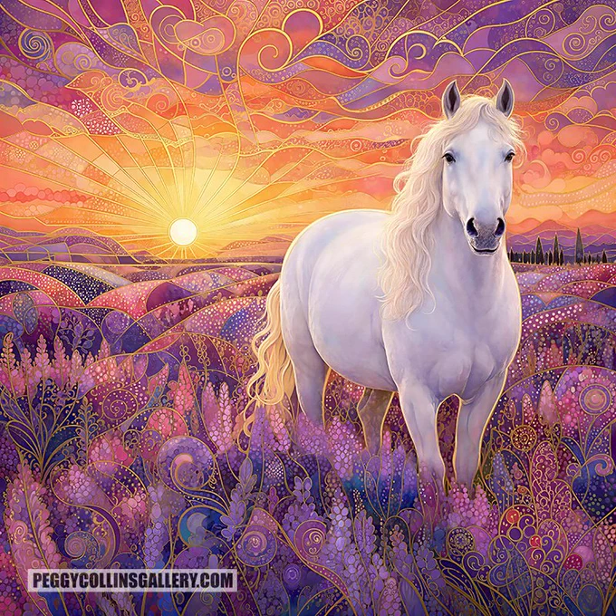 Colorful artwork of a white horse in an abstract field of purple flowers at sunset, by Peggy Collins.