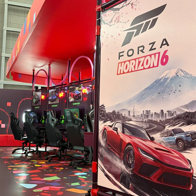 Another angle of the gaming booth at the Forza Horizon 6 event at the Virgin Media Gamepad in the O2.