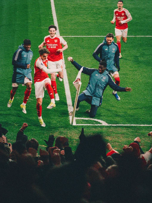 Max Dowman is chased by teammates as they celebrate his late goal against Everton