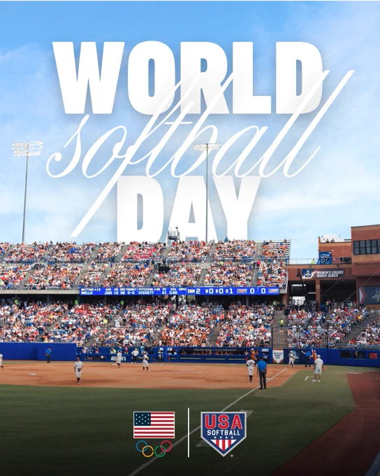A vibrant softball game in a packed stadium celebrating World Softball Day. The atmosphere is lively, with fans filling the stands and two teams on the field. Text overlay highlights the significance of the day.