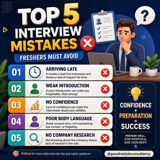 🚀 TOP 5 Interview Mistakes Freshers Must Avoid! 🎯

Your interview is your first step toward your dream job. Avoid these common mistakes and make a lasting impression on recruiters. 💼✨

✅ Arrive on time
✅ Give a strong introduction
✅ Show confidence
✅ Maintain positive body language
✅ Research the company before the interview

💡 Remember: Confidence   Preparation = Success!

📩 Need job interview guidance or career support? Contact us today!
📧 jobs@guwahatijobconsultancy.com

🌐 GUWAHATIJOBCONSULTANCY.COM

🔥 Follow @guwahatijobconsultancy for daily job updates, interview tips, and career guidance.

#InterviewTips #FreshersJobs #CareerGuidance #JobSearchIndia #GuwahatiJobConsultancy