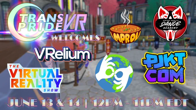 Event graphic for Trans Pride VR 2026 highlighting the various organizational collaborations and performance groups participating throughout the festival. The graphic features a collection of community logos arranged over a blurred background of a virtual town square decorated with pride banners. In the top left is the iridescent Trans Pride VR logo featuring a glowing crescent moon next to the stylized text "Welcomes". Across the top and middle are five distinct partner logos: a steaming bowl text logo for the improv group "Skits N' Bits", a circular red and black emblem for the "Virtual Reality Dance Academy", a stylized font logo for "VRelium", a colorful rainbow-layered text logo for "The Virtual Reality Show", and a circular blue globe logo featuring white hands forming sign language shapes for the organization "Helping Hands". To the right is a vibrant blue and purple graffiti-style text logo reading "Projekt: Community". Running along the bottom is large, blocky text in a yellow