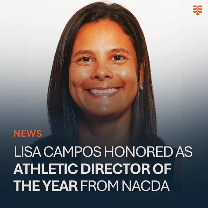 The image features a person smiling, with text announcing: "Lisa Campos honored as Athletic Director of the Year from NACDA."