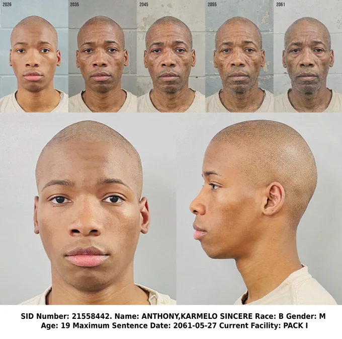 Inmate Information Details

SID Number:    21558442

TDCJ Number:    02617665

Name:    ANTHONY,KARMELO SINCERE

Race:    B

Gender:    M

Age:    19

Maximum Sentence Date:    2061-05-27       

Current Facility:    PACK I

Projected Release Date:    2061-05-27

Parole Eligibility Date:    2043-11-26
