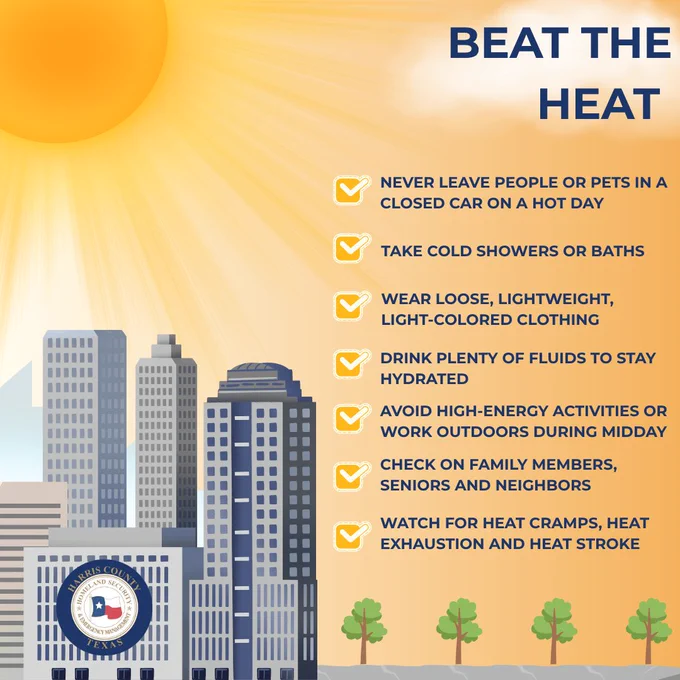 Beat the Heat by staying hydrated, wearing loose, lightweight, light-colored clothing, and taking cold showers or baths when needed. Avoid strenuous outdoor activities or work during the hottest part of the day, and never leave people or pets inside a closed vehicle. Check on family members, seniors, and neighbors, and be aware of the signs of heat-related illnesses such as heat cramps, heat exhaustion, and heat stroke.
