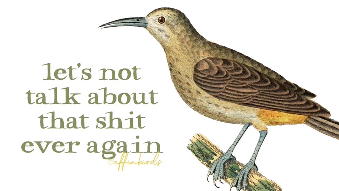 A painting of a bird next to the words "let's not talk about that shit ever again"
