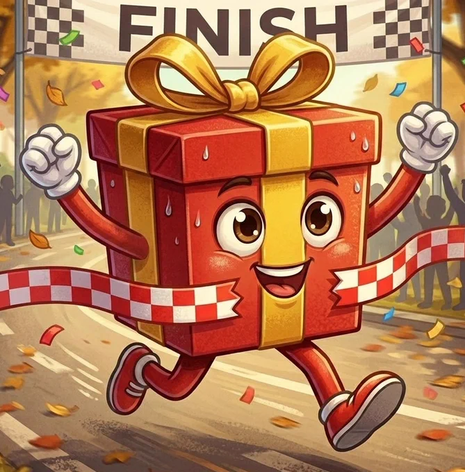 World of Gifts mascot, Gifti, shown running with determination through an autumnal park. The red gift box character is sweating and has clenched fists, sprinting along a paved path covered in fallen leaves. In the background, a park bench and a 'Dist.' (distance) sign are visible under warm sunlight. This illustration represents the 'Proof of Effort' required to earn rewards and conquer global routes in the @worldgiftssol sanctuary on Solana.