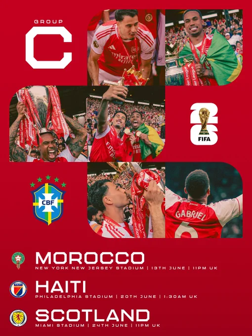 Graphic of Brazil's Group C information with Arsenal players Gabriel Martinelli and Gabriel Magalhães.

Brazil's fixture information:

Morocco
New York/New Jersey Stadium | 13 June | 11pm UK

Haiti
Philadelphia Stadium | 20 June | 1:30am UK

Scotland
Miami Stadium | 24 June | 11pm UK
