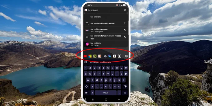A smartphone displays a search bar with options for custom search engines, set against a scenic landscape of mountains and water.