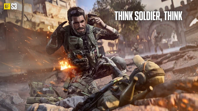 A Battlefield-style recreation of the Omni-Man "Think, Mark, Think!" meme. A battle-worn soldier points two fingers at his temple while addressing a defeated soldier slumped below him. 