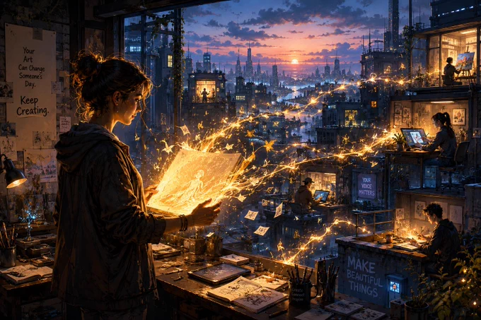 A futuristic artist stands in a dim studio at sunrise, holding an open glowing sketchbook that sends golden streams of creative energy out across a sprawling city. The light moves like brushstrokes, sketch lines, paper fragments, and sparks, reaching other artists in nearby buildings and rooftop workspaces. Several distant creators are shown drawing, painting, or working at desks as their rooms begin to glow. The studio is filled with sketches, tools, lamps, plants, tablets, and art supplies, creating an inspiring scene about creativity spreading from one artist to another.