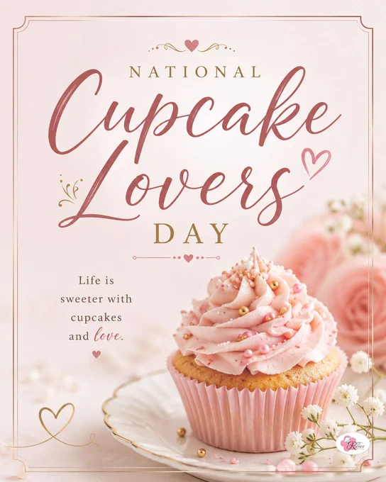 Elegant National Cupcake Lovers Day graphic featuring a vanilla cupcake topped with pink swirled frosting, decorative pearls, and sprinkles on a white plate. Soft pink roses and delicate white flowers surround the cupcake, creating a romantic and celebratory atmosphere. The image includes the text “National Cupcake Lovers Day” and “Life is sweeter with cupcakes and love,” along with Simply Chef Renée branding.