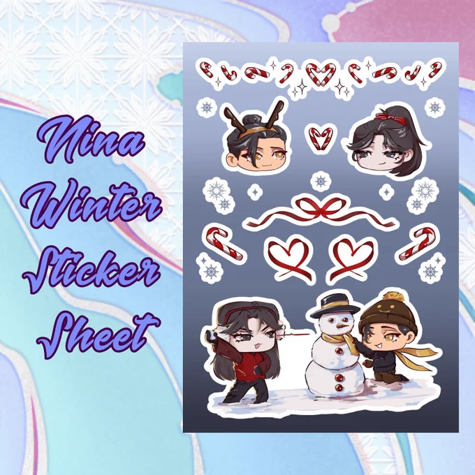 Background with swirly blue-ish colours. On the left side, in cursive blue letters the text Nina Winter Sticker Sheet, and next to it there is a full preview of the item