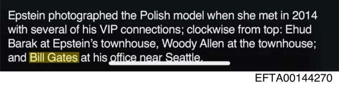 Three photographs labeled VIP connections: Ehud Barak at Epstein townhouse, Woody Allen at townhouse, Bill Gates at Seattle office