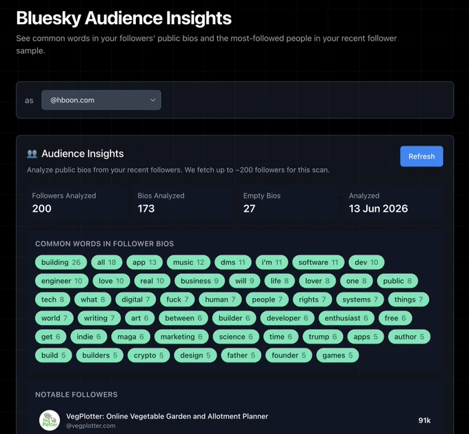 Screenshot of TheBlue.social Audience Insights showing common words in follower bios and notable followers.