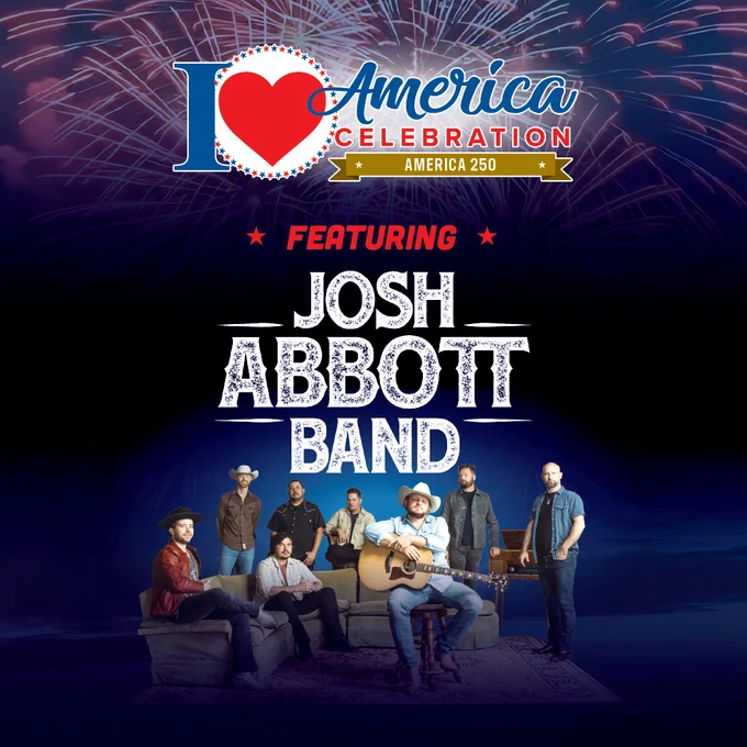 The image is a promotional poster for the "I Love America Celebration." Fireworks are visible at the top. It features the Josh Abbott Band, with members posing on and around a sofa.