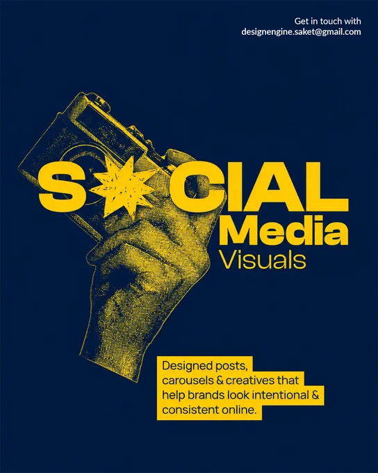 Dark blue and yellow promotional poster featuring a halftone illustration of a hand holding a camera. Large text reads “Social Media Visuals,” with supporting text about creating designed posts, carousels, and brand creatives.

