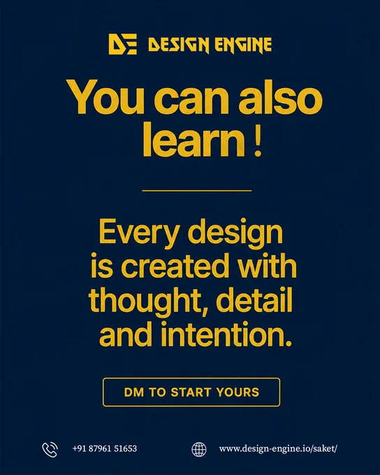 Final call-to-action slide with Design Engine branding. Large yellow text states that every design is created with thought, detail, and intention. Includes a “DM TO START YOURS” button along with contact information and website details.
