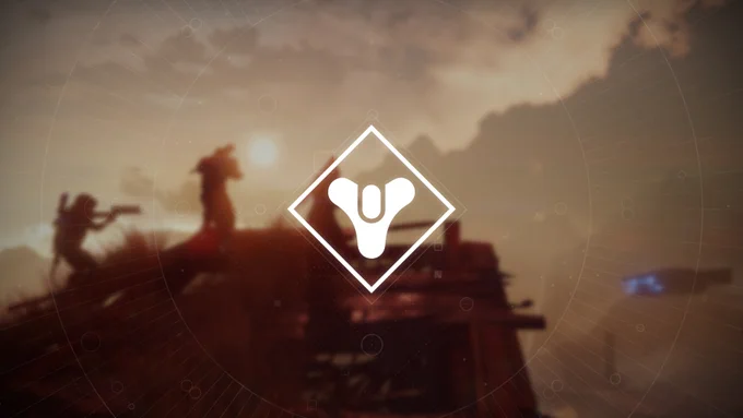 White Destiny tricorn logo inside a diamond over a blurred, sepia-toned scene with silhouetted humans in spacesuits on rocky terrain and faint circular HUD-style lines in the background. 