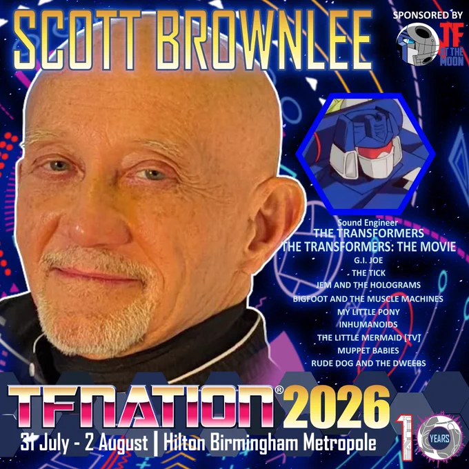 Image shows a headshot of sound engineer Scott Brownlee. There is a small image of Soundwave from G1, and below that lists some of Brownlee’s work: The Transformers The Movie, G.I. Joe, The Tick, Jem and the Holograms, Bigfoot and the Muscle Machines, My Little Pony, Inhumanoids, The Little Mermaid [TV], Muppet Babies, Rude Dog and the Owners