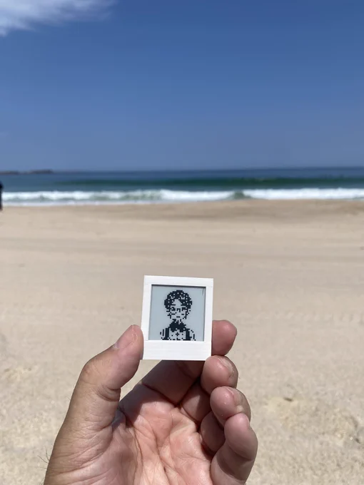 Picture of a hand holding a framed Normie at the beach with the sea and waves in the background.