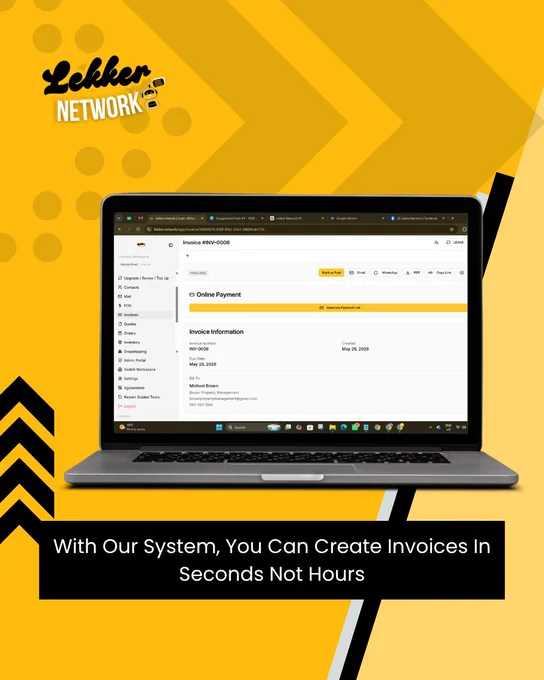 A promotional image showcasing an invoice creation system on a laptop screen. The vibrant yellow background and bold text highlight the system's efficiency and speed.