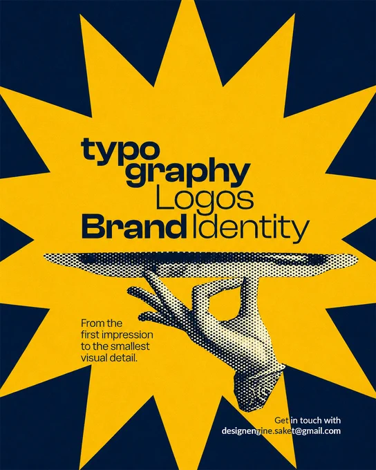 A bold yellow starburst graphic on a dark blue background. Text highlights key learning areas: Typography, Logos, and Brand Identity. A vintage-style illustrated hand balances a tray beneath the text.