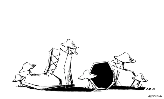 Drawing of a pair of boots that has mushrooms growing out of it.