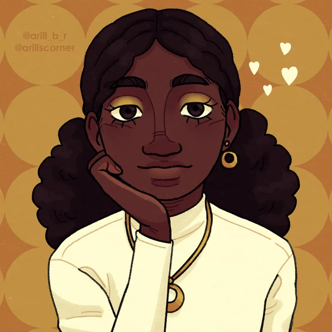 Bust up drawing of my character Cindy. She's a woman with dark skin and black coily hair worn down, wearing golden makeup, golden earrings, a matching necklace and a white turtleneck.