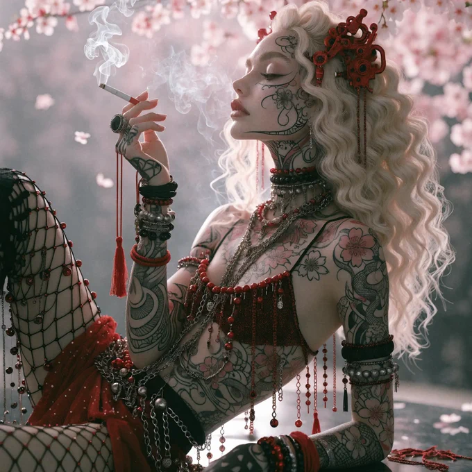 Recraft 4.1

A pale woman with long white hair and elaborate red mechanical ornaments in her hair reclines in a relaxed pose, smoking a cigarette with smoke curling upward. Her entire body is covered in intricate black and red tattoos: cherry blossoms, geometric patterns, and serpentine designs. She wears minimal black and red clothing with dangling metal accessories. Soft diffused light from a hazy background of pale pink cherry blossoms, shallow depth of field. Hyper-realistic 3D figurine aesthetic, smooth porcelain skin, detailed ink work, sensual and mysterious mood. Aspect ratio 1:1.