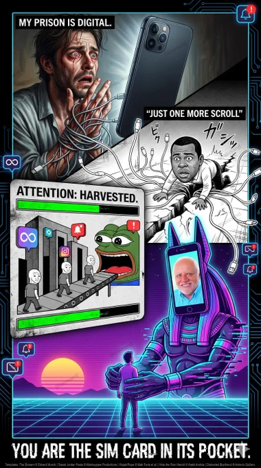 multi-panel comic about digital dependency, showing a man tied in charging cables, a person trapped in a screen, and a cyborg deity holding a human.