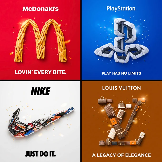 Create a professional advertisement in 1:1 aspect ratio. The background should be the signature brand color of [BRAND] as a clean, vibrant backdrop. Arrange multiple [PRODUCT] items meticulously to form the exact shape of the brand logo in the center of the composition. The products should appear realistic and three-dimensional with professional studio lighting and soft shadows, clearly displaying their own logos and branding. The logo shape should be instantly recognizable and perfectly proportioned. Add subtle celebratory elements like confetti or light flares floating around the logo shape. Position the brand wordmark in clean typography at the top center. At the bottom include a short punchy brand-relevant tagline in bold modern typography. Use photorealistic 3D rendering style with studio lighting and premium advertising quality. Maintain a clean modern aesthetic with significant breathing room around all elements.