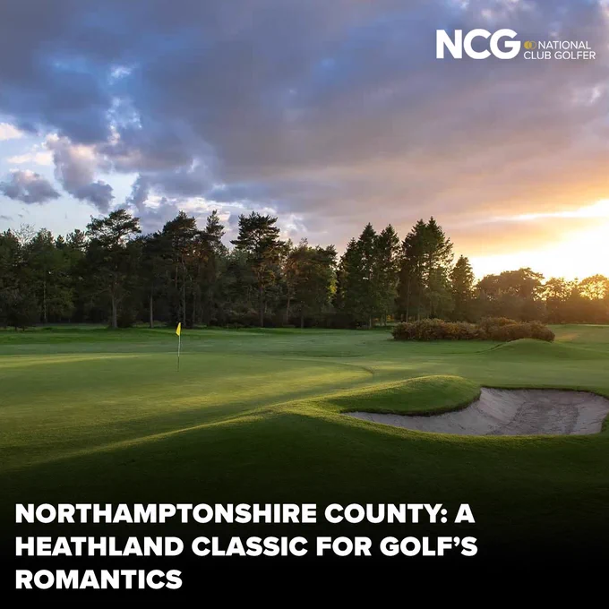 A serene view of Northamptonshire County golf course at sunset, offering a tranquil and classic heathland setting for golf enthusiasts.