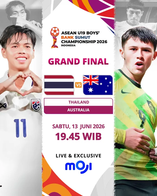 Promotional graphic for the ASEAN U19 Boys' Championship 2026 Grand Final between Thailand and Australia. Includes team flags, player images, and match details.