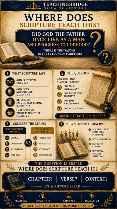 TeachingBridge “Sola Scriptura” infographic titled “Where Does Scripture Teach This?” A parchment-style design with navy and gold accents centers on the question: “Did God the Father once live as a man and progress to godhood?” An open Bible serves as the main visual anchor. One section lists biblical affirmations that God is eternal, unchanging, self-existent, and the only true God, citing Psalm 90:2, Malachi 3:6, Isaiah 43:10, and Isaiah 45:5. Another section asks whether any biblical passage teaches that God was once a man, progressed to deity, had a beginning, or became God. A comparison panel contrasts what Scripture explicitly affirms with claims that would need biblical proof. The infographic concludes with the questions “Chapter? Verse? Context?” and the exhortation, “Let Scripture Speak” and “Test Every Claim by the Word of God.”