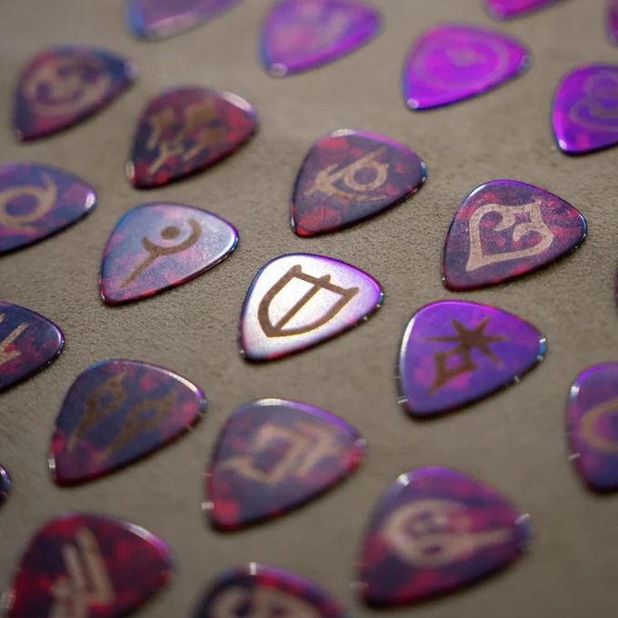 A photograph of the Final Fantasy 14 laser-engraved guitar picks at Download Festival.