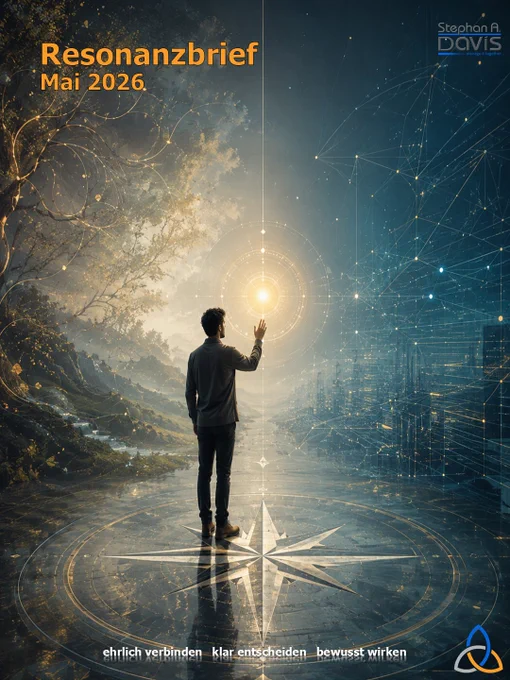 Symbolisches Hochformat-Bild zum „Resonanzbrief Mai 2026“. In der Mitte steht eine einzelne Person von hinten auf einem großen Kompasssymbol und hebt die Hand zu einer warm leuchtenden Kugel aus konzentrischen Kreisen. Links öffnet sich eine organische, naturhafte Welt mit Bäumen, Ästen, goldenem Licht und fließenden Linien. Rechts entsteht eine kühle, digitale Netzwerklandschaft aus blauen Linien, Punkten und geometrischen Strukturen. Die Person steht genau im Übergang zwischen Natur und Technologie – als Sinnbild für den Moment vor der Antwort, bewusste Entscheidung, Verantwortung und Orientierung im KI-Zeitalter. Oben links steht „Resonanzbrief Mai 2026“, oben rechts das Logo von Stephan A. Davis. Unten sind der Leitsatz „ehrlich verbinden – klar entscheiden – bewusst wirken“ sowie ein Triquetra-Symbol platziert. Die Atmosphäre wirkt ruhig, reflektiert und zukunftsorientiert.