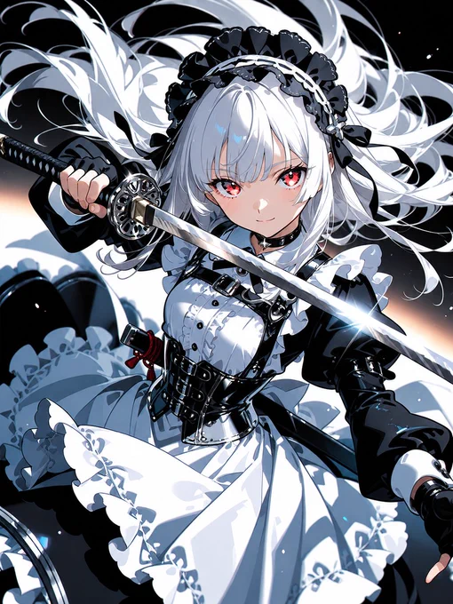 日本語 ALT：
白髪と赤い瞳のサムライメイド風キャラクターが、黒白のフリル衣装で刀を構えています。広がる白髪、光を反射する刀身、黒いコルセットやヘッドドレスが印象的で、可憐さと鋭さが同居した一枚です。

English ALT：
A white-haired samurai maid-inspired character with red eyes poses with a katana in a black-and-white frilled outfit. Flowing white hair, the gleaming blade, glossy black corset details, and a ruffled headpiece create a striking scene that feels both elegant and sharp.