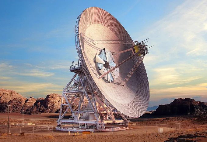 This artist’s concept shows what Deep Space Station-23, a new antenna dish capable of supporting both radio wave and laser communications, will look like when completed at the Deep Space Network’s Gol | NASA/JPL-Caltech, Public domain