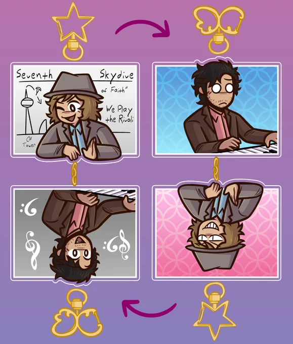 Nirvanna the Band the Show fanmerch in the form of a linking charm. Matt Johnson is on one charm against a backdrop of either his whiteboard or of a bright pink with alternate expressions, and Jay McCarrol is on the attached charm against a backdrop of either musical notes or a bright blue with alternate expressions. Both charms have their own clasp, meaning the charm can be attached with either Matt or Jay at the top or bottom.