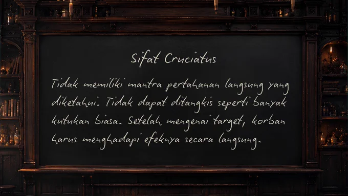Sifat Cruciatus
Tidak memiliki mantra pertahanan langsung yang diketahui. Tidak dapat ditangkis seperti banyak kutukan biasa. Setelah mengenai target, korban harus menghadapi efeknya secara langsung.